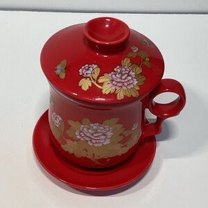 New TEAVANA Red Gold Ceramic Tea Infuser Floral Mug Cup Lid